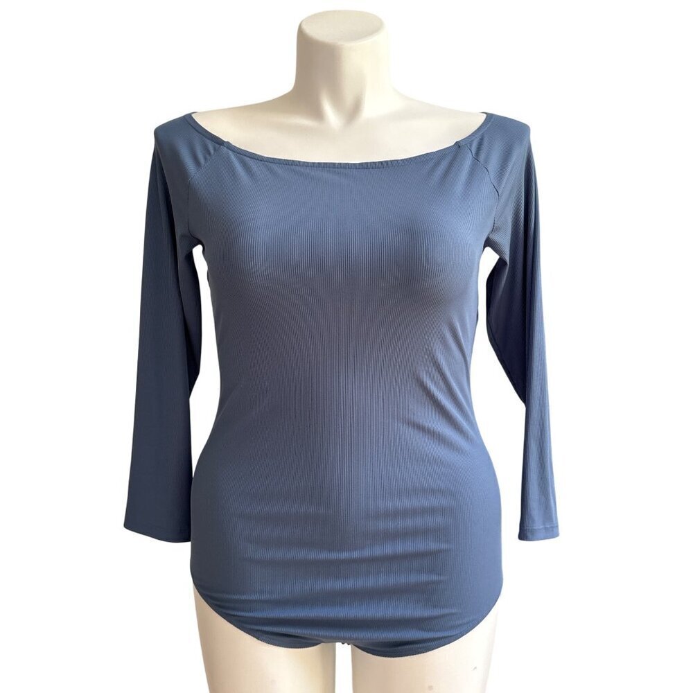 Spanx Rib Boatneck Thong Bodysuit, Indigo Haze Long Sleeves Women's Size 1X - Picture 3 of 12
